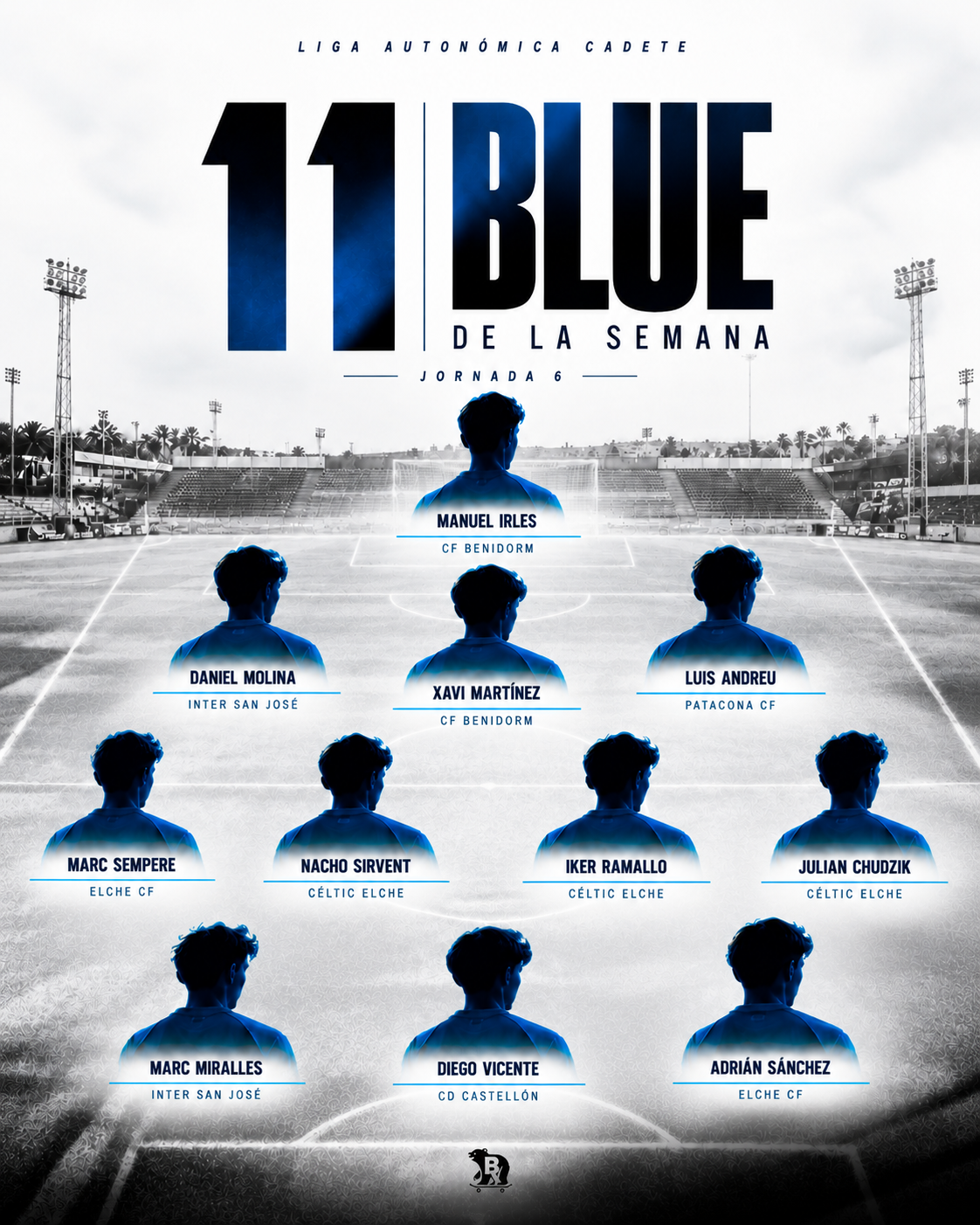 Creatividad oficial 11 BLUE de la Jornada 6 de Liga Autonómica Cadete 2026/27 en sistema 3-4-3